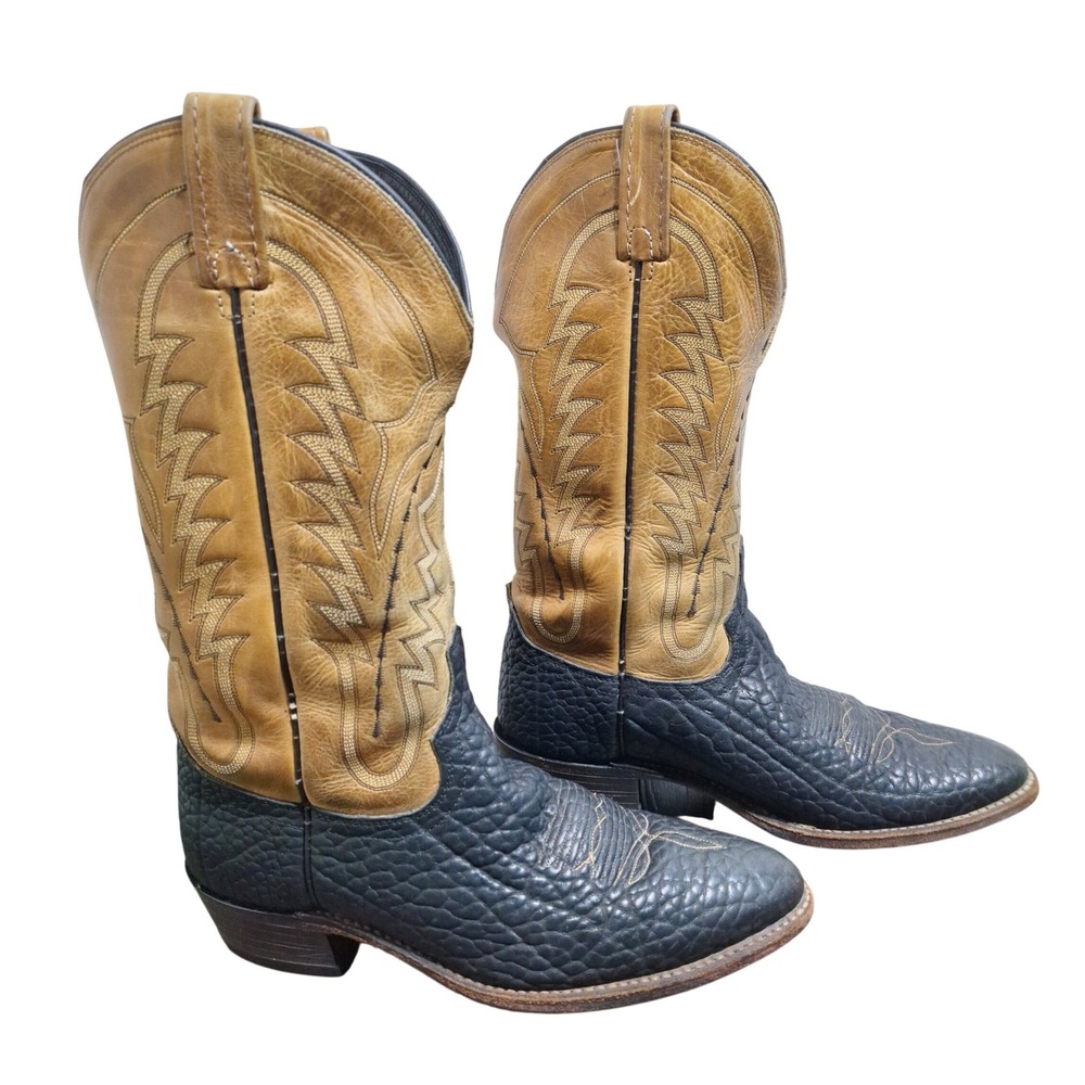 Dan Post Mens Black Bullhide Leather Tan Shaft Western Cowboy Boots 10D Vintage